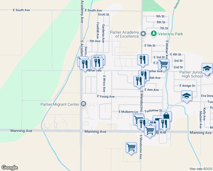 map of restaurants, bars, coffee shops, grocery stores, and more near 8590 South Wrico Avenue in Parlier
