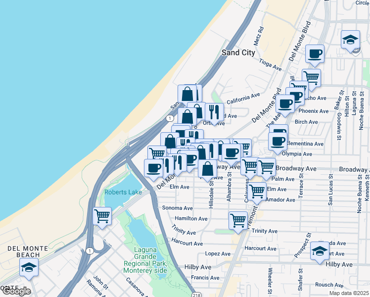 map of restaurants, bars, coffee shops, grocery stores, and more near 436 Orange Avenue in Sand City