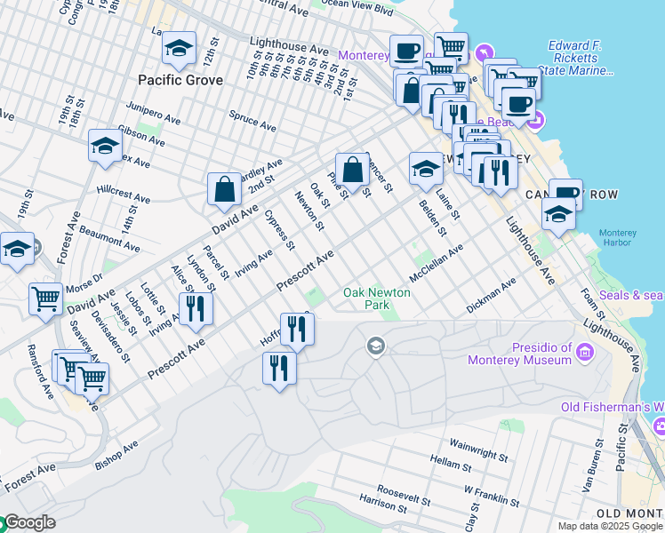 map of restaurants, bars, coffee shops, grocery stores, and more near 670 Lily Street in Monterey