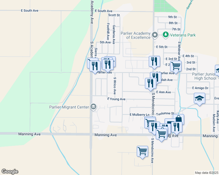 map of restaurants, bars, coffee shops, grocery stores, and more near 8590 South Smyrna Avenue in Parlier