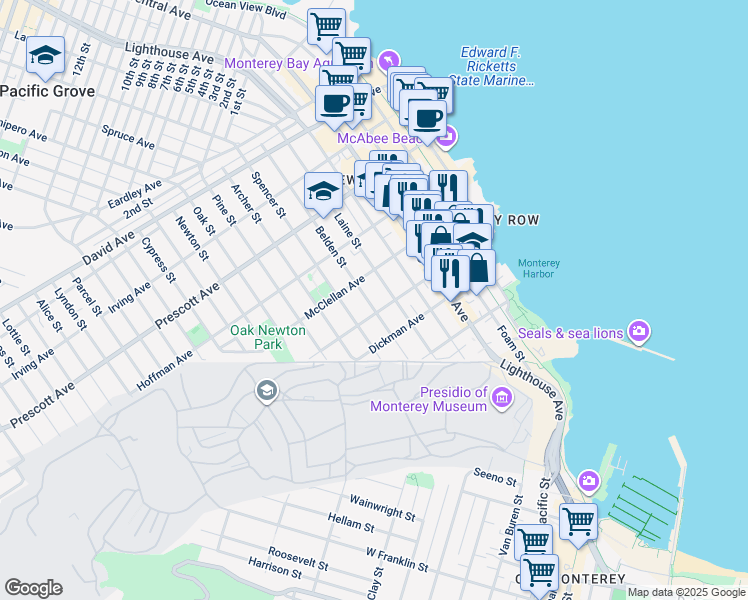 map of restaurants, bars, coffee shops, grocery stores, and more near 430 Belden Street in Monterey