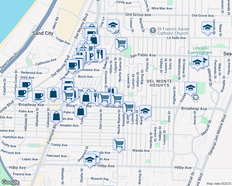 map of restaurants, bars, coffee shops, grocery stores, and more near 1652 Laguna Street in Seaside
