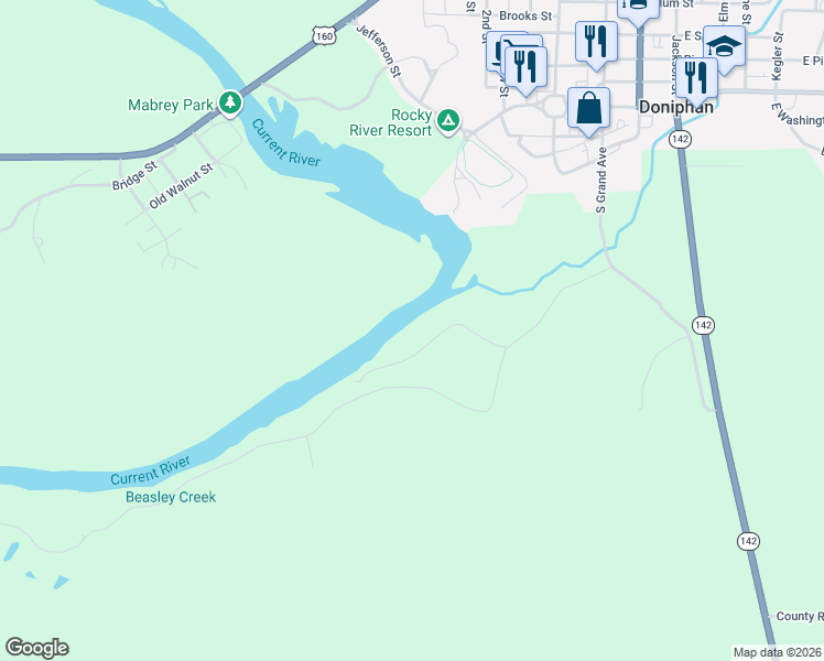 map of restaurants, bars, coffee shops, grocery stores, and more near County Road 142E-2A in Doniphan