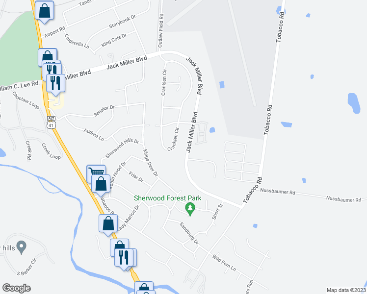 map of restaurants, bars, coffee shops, grocery stores, and more near 406 Jack Miller Boulevard in Clarksville