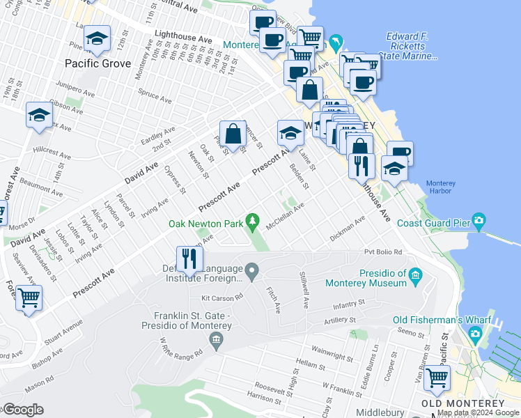 map of restaurants, bars, coffee shops, grocery stores, and more near 585 Pine Street in Monterey