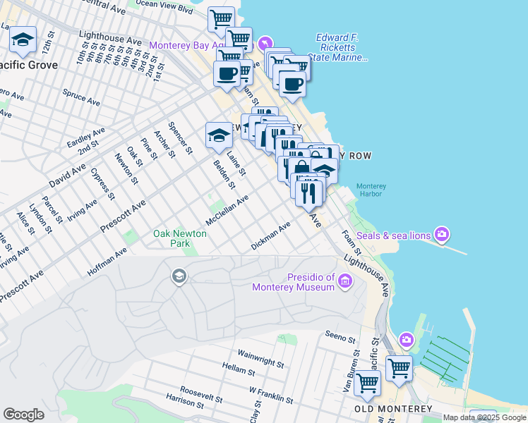 map of restaurants, bars, coffee shops, grocery stores, and more near 401 Laine Street in Monterey