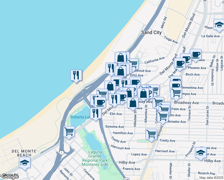 map of restaurants, bars, coffee shops, grocery stores, and more near 1643 Catalina Street in Sand City