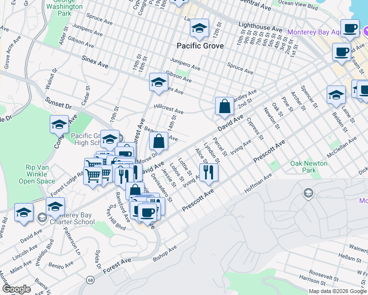 map of restaurants, bars, coffee shops, grocery stores, and more near 2000 David Avenue in Monterey