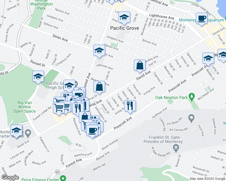 map of restaurants, bars, coffee shops, grocery stores, and more near 2098 David Avenue in Monterey