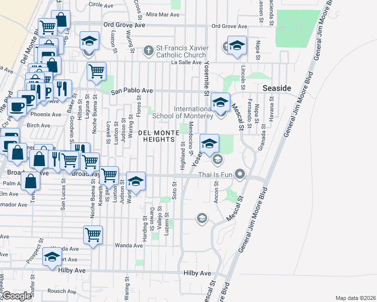 map of restaurants, bars, coffee shops, grocery stores, and more near 1654 Highland Street in Seaside