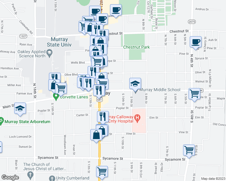 map of restaurants, bars, coffee shops, grocery stores, and more near 1000 Main Street in Murray