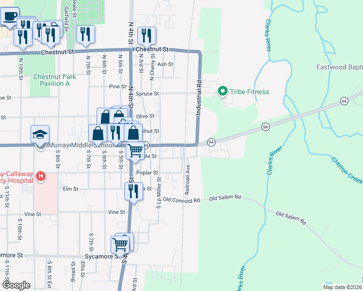 map of restaurants, bars, coffee shops, grocery stores, and more near Kentucky 94 in Murray
