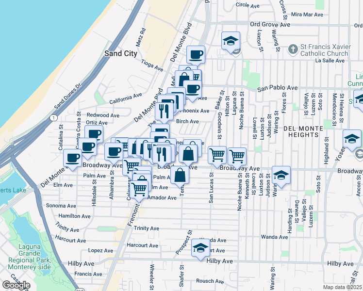 map of restaurants, bars, coffee shops, grocery stores, and more near 1076 Clementina Avenue in Seaside