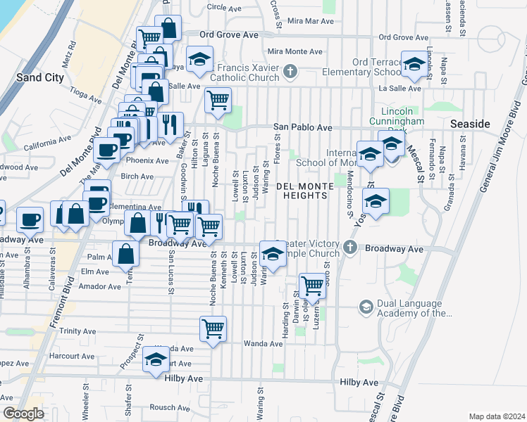 map of restaurants, bars, coffee shops, grocery stores, and more near 1657 Waring Place in Seaside