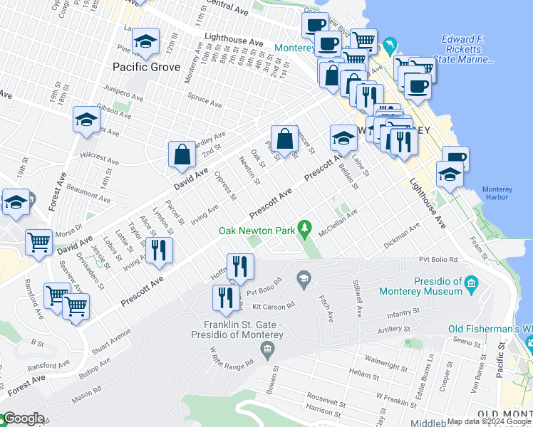 map of restaurants, bars, coffee shops, grocery stores, and more near 684 Lily Street in Monterey