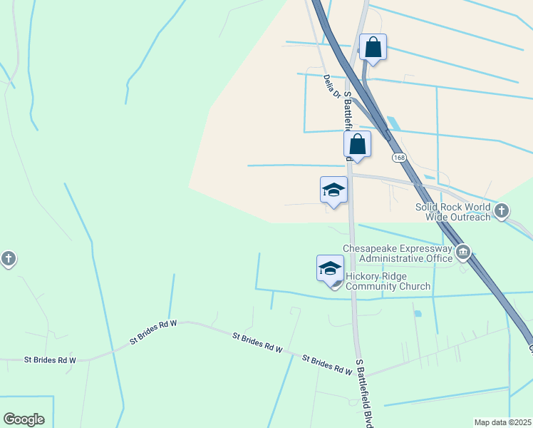 map of restaurants, bars, coffee shops, grocery stores, and more near 3232 South Battlefield Boulevard in Chesapeake