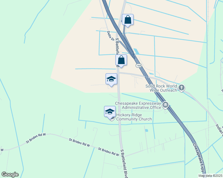 map of restaurants, bars, coffee shops, grocery stores, and more near 3232 South Battlefield Boulevard in Chesapeake