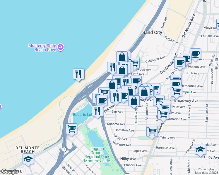 map of restaurants, bars, coffee shops, grocery stores, and more near 300 Orange Avenue in Sand City