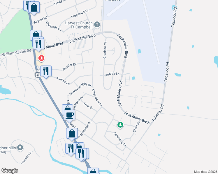map of restaurants, bars, coffee shops, grocery stores, and more near 434 Cranklen Circle in Clarksville