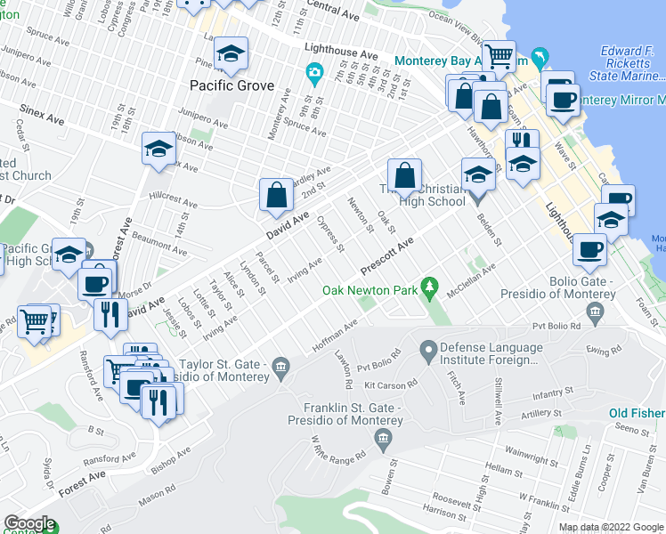 map of restaurants, bars, coffee shops, grocery stores, and more near 770 Grace Street in Monterey
