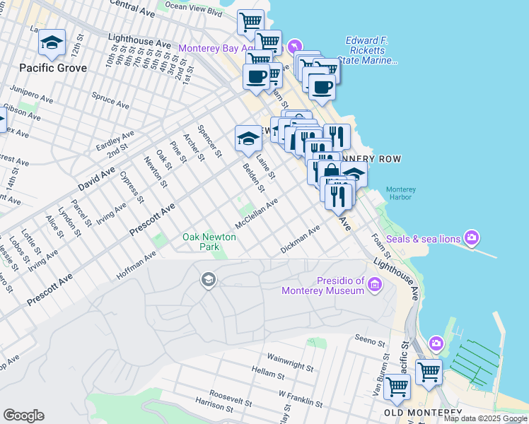 map of restaurants, bars, coffee shops, grocery stores, and more near 470 Spencer Street in Monterey