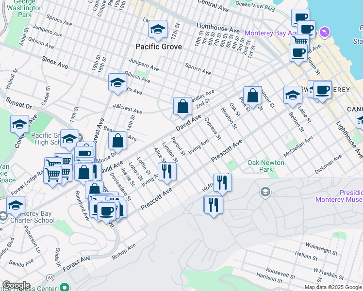 map of restaurants, bars, coffee shops, grocery stores, and more near 815 Terry Street in Monterey