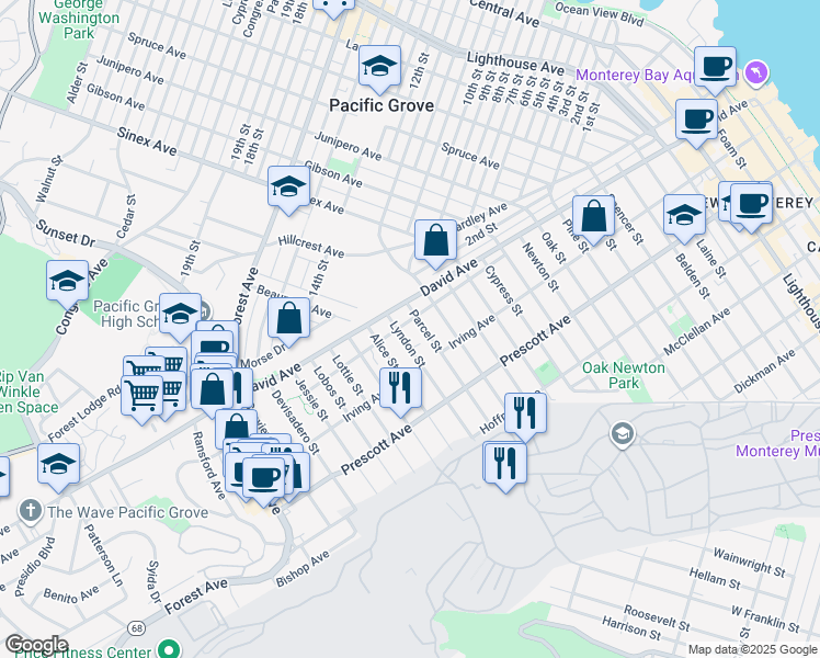 map of restaurants, bars, coffee shops, grocery stores, and more near 852 Lyndon Street in Monterey