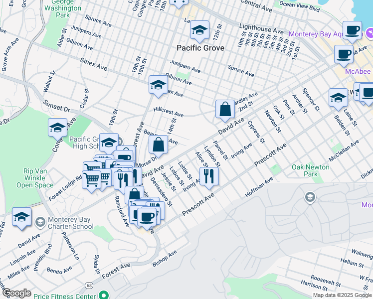 map of restaurants, bars, coffee shops, grocery stores, and more near 2098 David Avenue in Monterey
