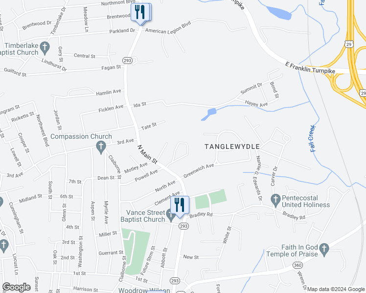 map of restaurants, bars, coffee shops, grocery stores, and more near 222 Raleigh Court in Danville