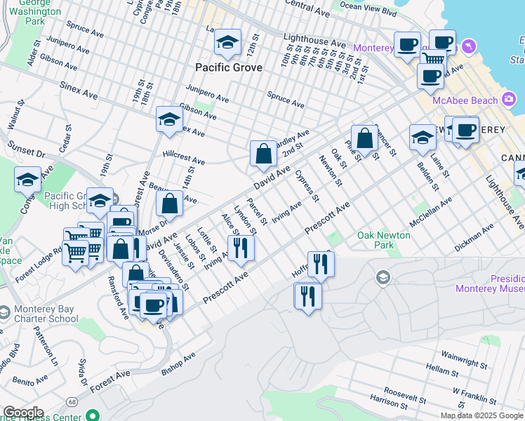 map of restaurants, bars, coffee shops, grocery stores, and more near 830 Parcel Street in Monterey