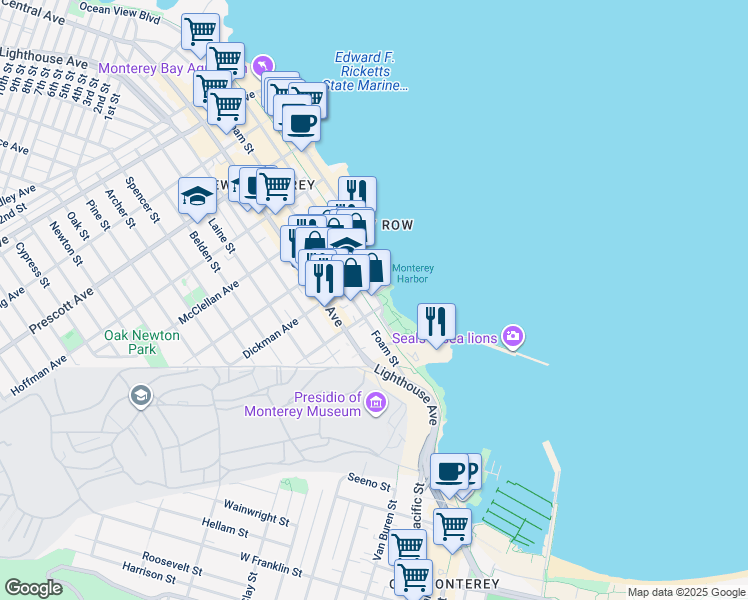 map of restaurants, bars, coffee shops, grocery stores, and more near 200 Foam Street in Monterey