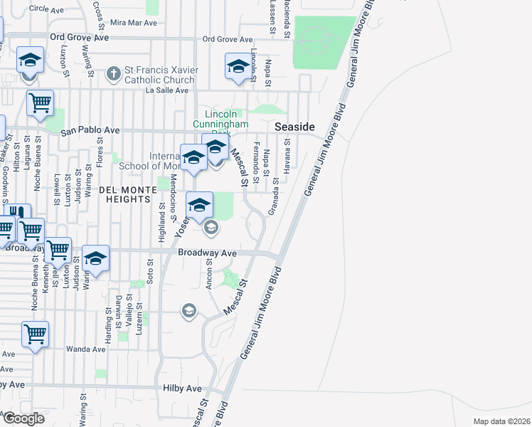 map of restaurants, bars, coffee shops, grocery stores, and more near 1663 Granada Street in Seaside