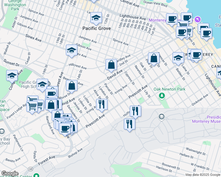 map of restaurants, bars, coffee shops, grocery stores, and more near 830 Parcel Street in Monterey
