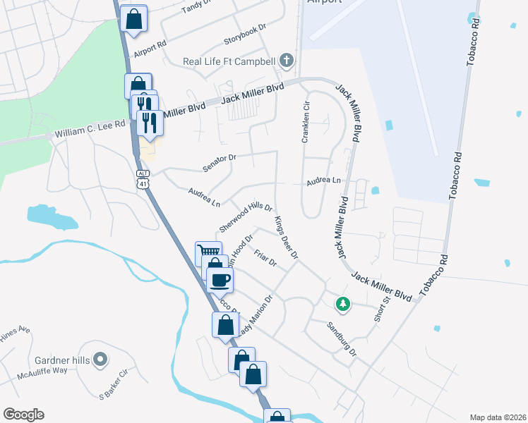 map of restaurants, bars, coffee shops, grocery stores, and more near 218 Sherwood Hills Drive in Clarksville