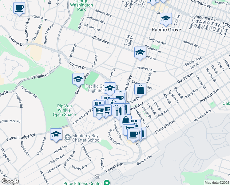 map of restaurants, bars, coffee shops, grocery stores, and more near 615 Sunset Drive in Pacific Grove
