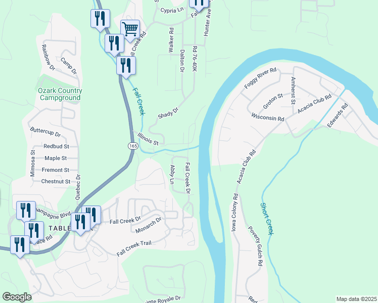 map of restaurants, bars, coffee shops, grocery stores, and more near 720 Fall Creek Drive in Branson