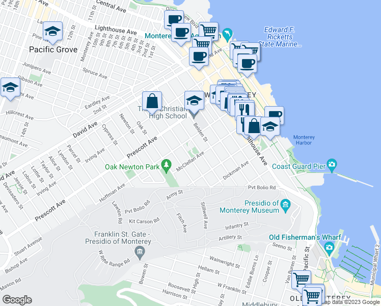 map of restaurants, bars, coffee shops, grocery stores, and more near 542 Archer Street in Monterey