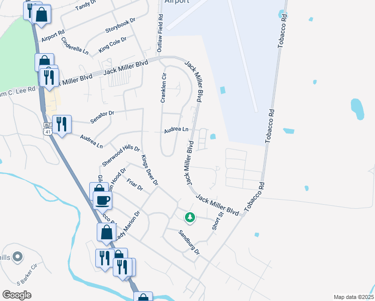 map of restaurants, bars, coffee shops, grocery stores, and more near 406 Jack Miller Boulevard in Clarksville