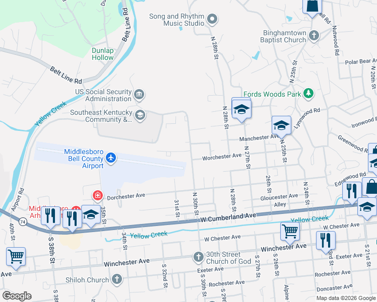 map of restaurants, bars, coffee shops, grocery stores, and more near 128 Twin Acres Road in Middlesboro