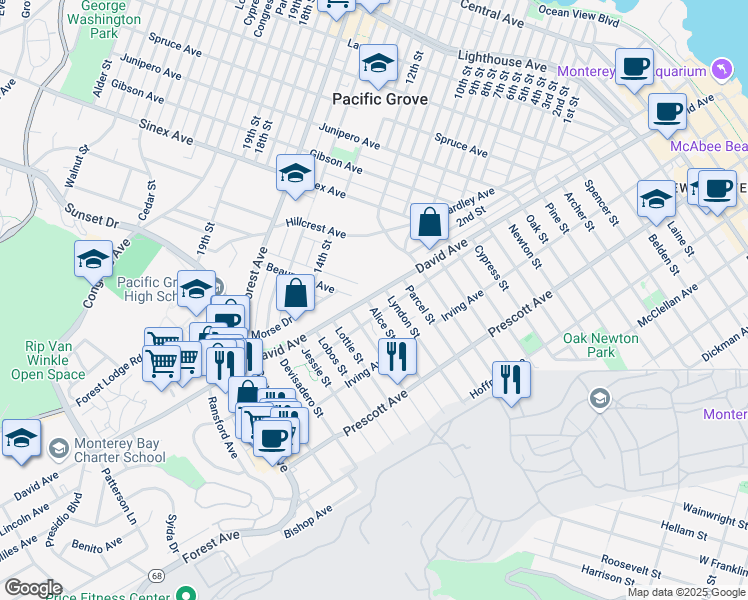 map of restaurants, bars, coffee shops, grocery stores, and more near 885 Alice Street in Monterey