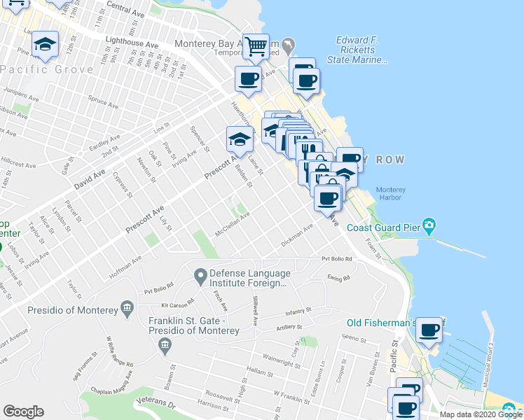 map of restaurants, bars, coffee shops, grocery stores, and more near 470 Spencer Street in Monterey