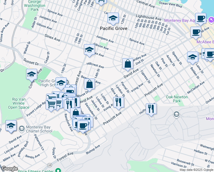 map of restaurants, bars, coffee shops, grocery stores, and more near 885 Alice Street in Monterey