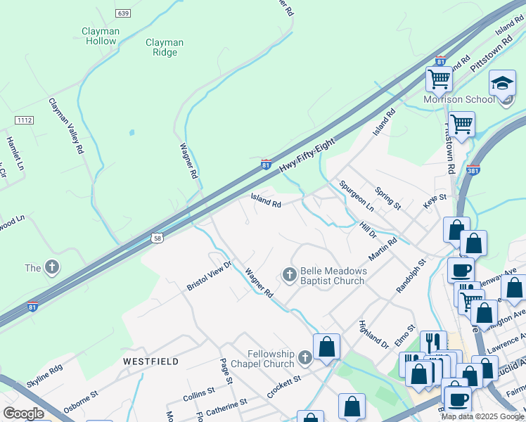 map of restaurants, bars, coffee shops, grocery stores, and more near 1243 Bryant Dr in Bristol