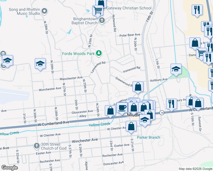map of restaurants, bars, coffee shops, grocery stores, and more near 349 Englewood Road in Middlesboro