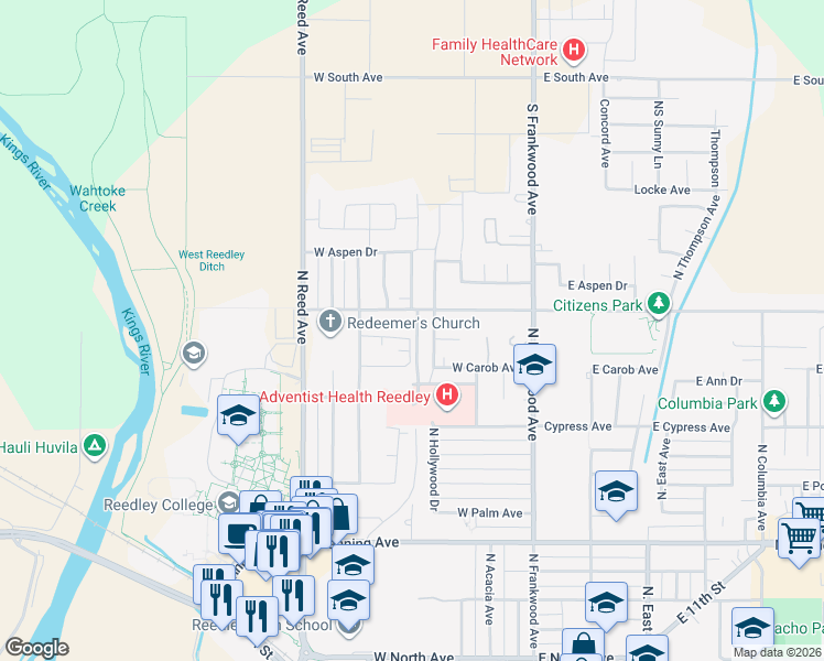 map of restaurants, bars, coffee shops, grocery stores, and more near 1592 North Hope Avenue in Reedley