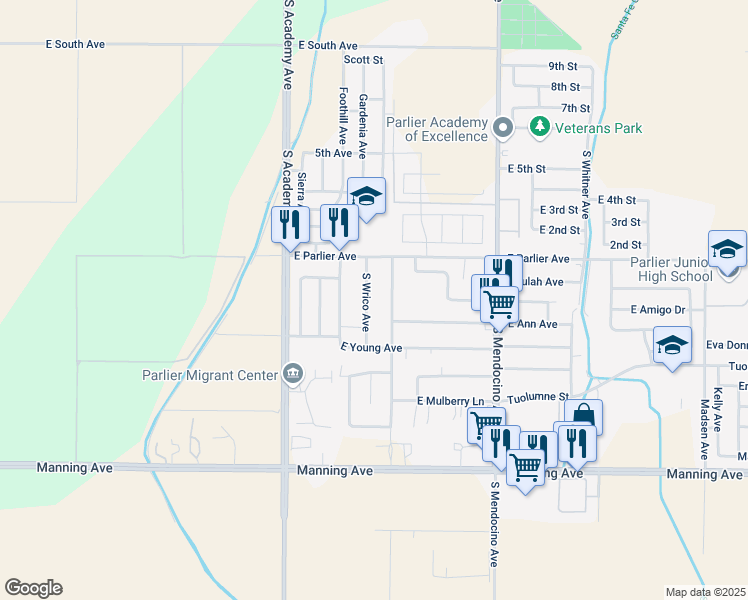 map of restaurants, bars, coffee shops, grocery stores, and more near 8590 South Wrico Avenue in Parlier
