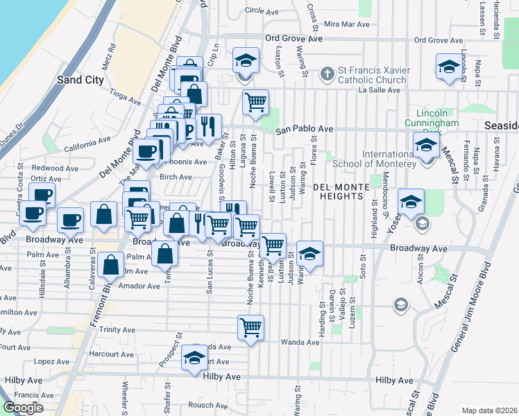 map of restaurants, bars, coffee shops, grocery stores, and more near 1648 Noche Buena Street in Seaside