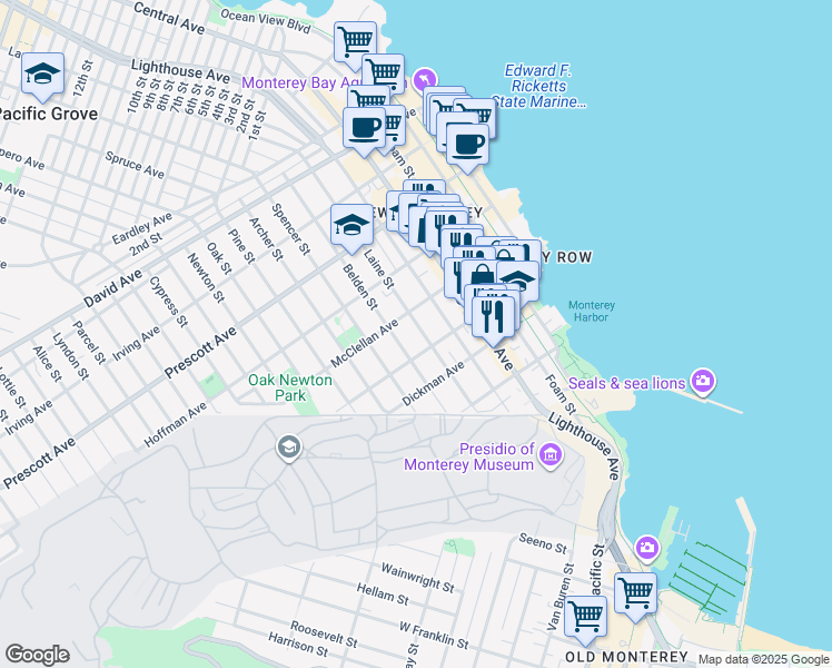 map of restaurants, bars, coffee shops, grocery stores, and more near 401 Laine Street in Monterey