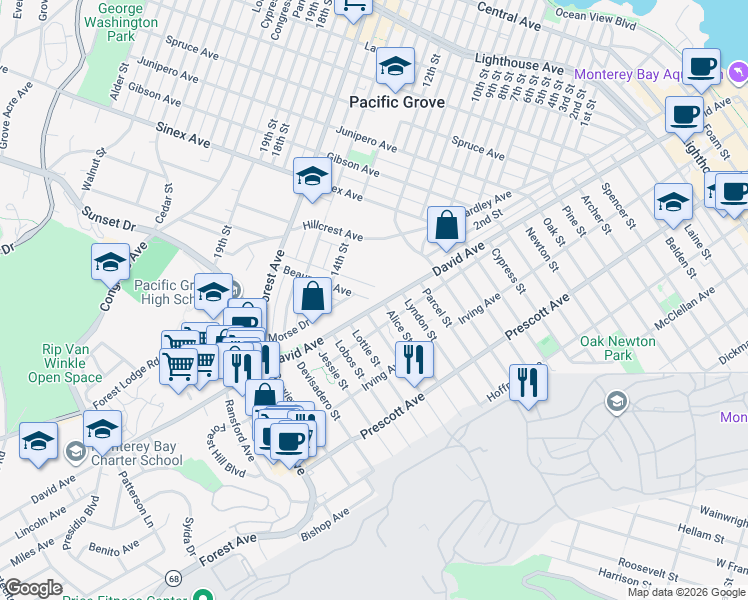 map of restaurants, bars, coffee shops, grocery stores, and more near 885 Alice Street in Monterey