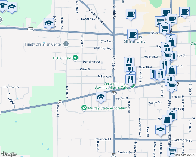 map of restaurants, bars, coffee shops, grocery stores, and more near 1634 Farmer Avenue in Murray